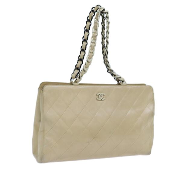 CHANEL Matelasse Chain Tote Bag Leather Beige CC - Picture 1 of 16
